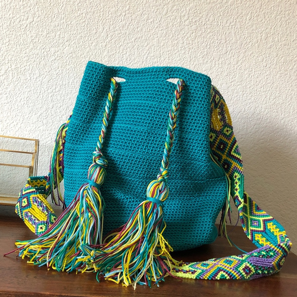 Handcrafted Teal Crochet Bag with Multicolor Strap